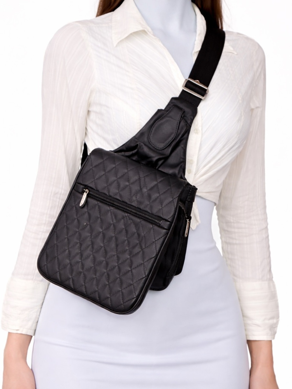 Travelon Sling Bag Crossbody Purse Leather Black Quilted Flap Snap Zip Travel